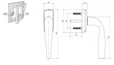 Ручка оконная для ПВХ профиля с длиной штифта А=43 мм