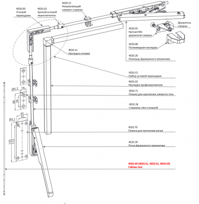 Гибкая тяга для фрамужного механизма Stublina (L=1250 мм)  - Механизмы дистанционного фрамужного открывания для окон