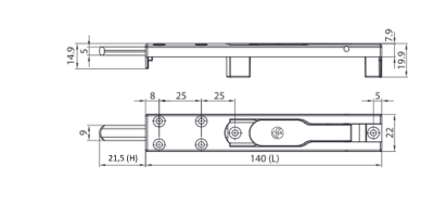 Шпингалет накладной односторонний для дверей ПВХ с длиной хода ригеля H=21.5 мм.