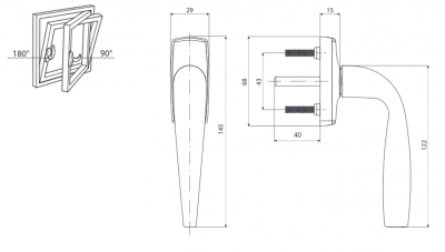 Ручка оконная для ПВХ профиля с длиной штифта А=40 мм.